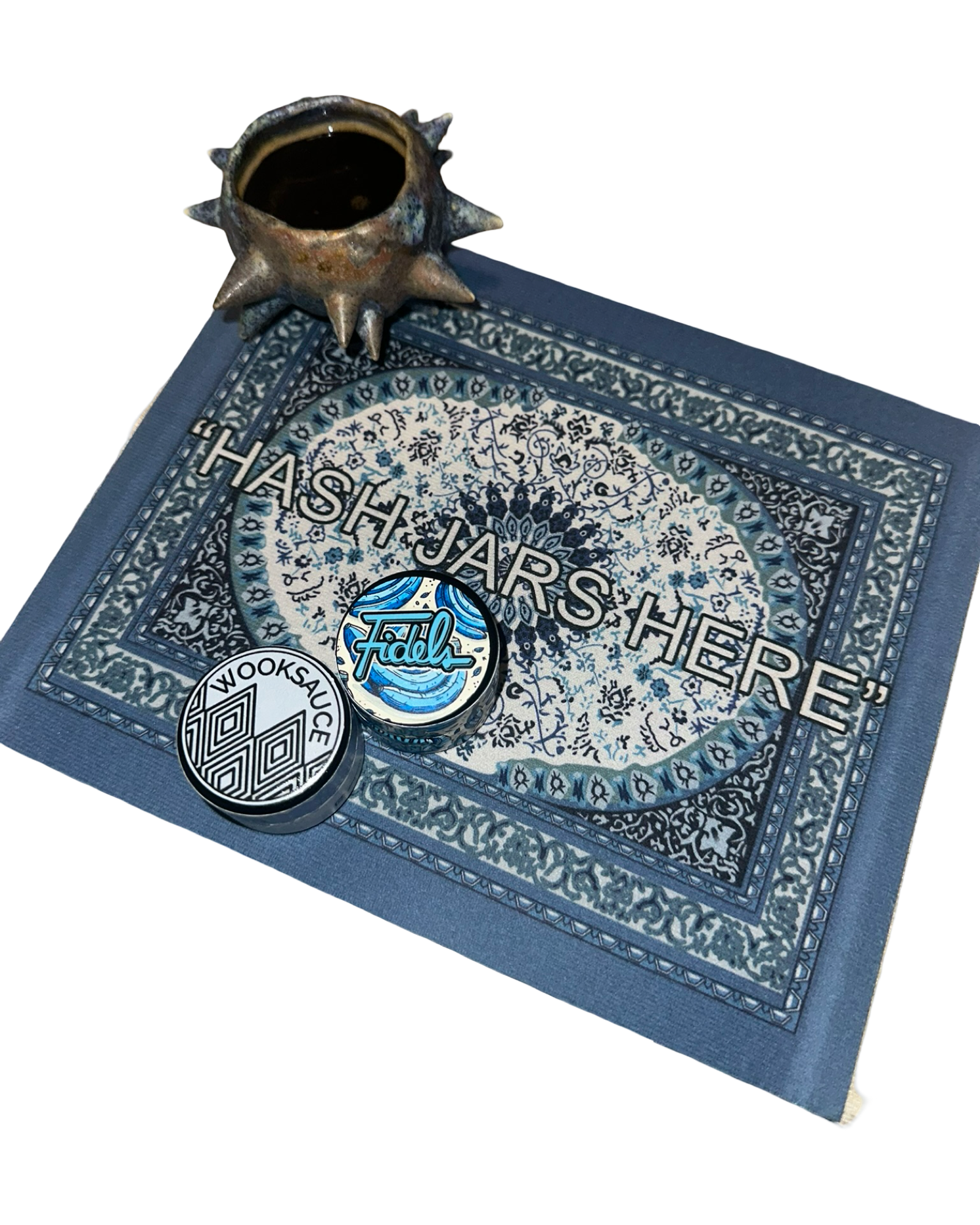 Blue "HASH JARS HERE" rug